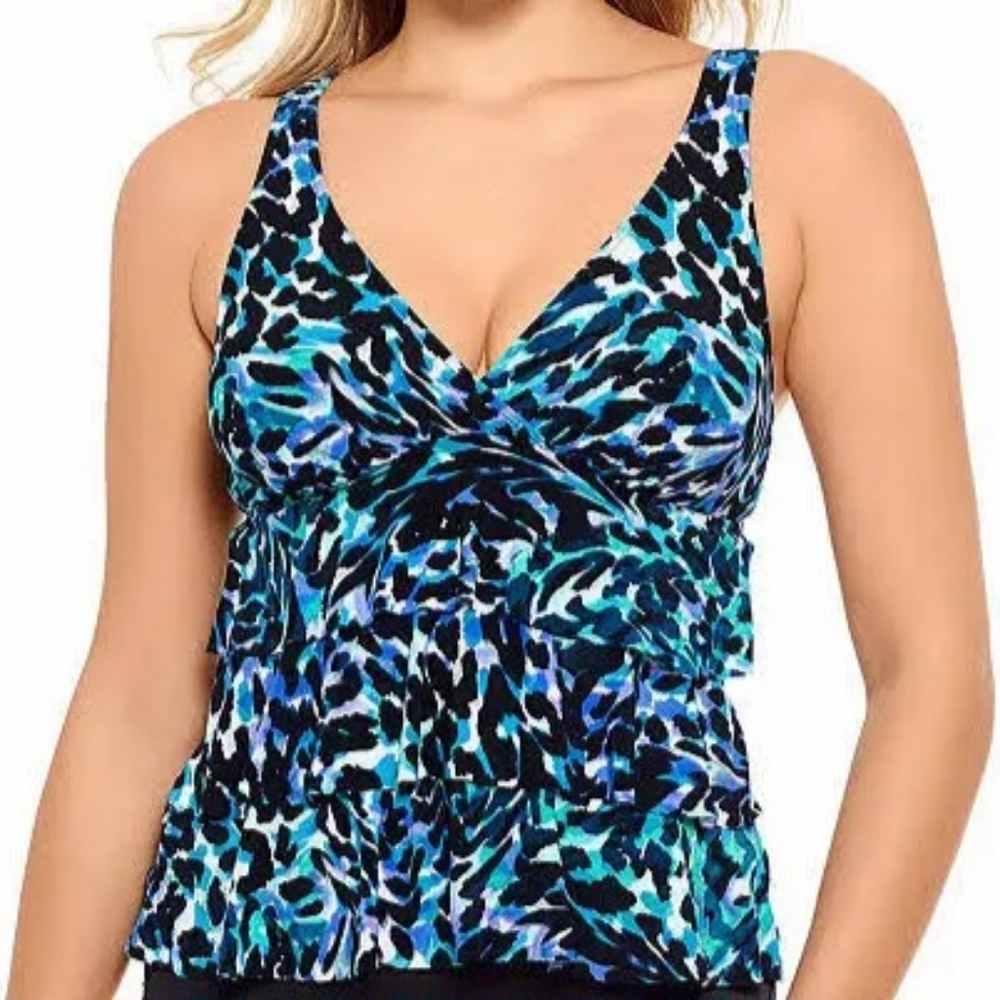 Vanishing Act Blue Cheetah Ruffle Tankini Top